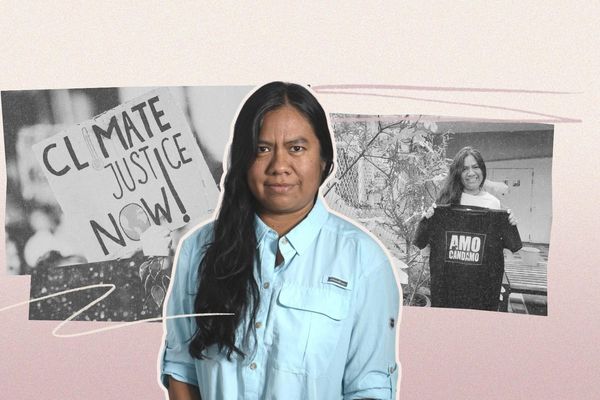 Een collage van foto's, met juriste Vanessa Cueto, een pancarte met de boodschap "Climate Justice Now!" en Vanessa die poseert met een T-shirt.