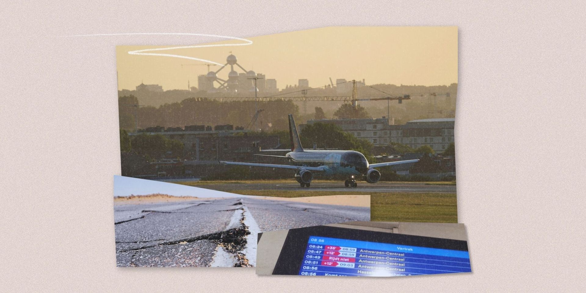 Collage of a plane taxiing, cracked road surface, and a digital departure board with Antwerp train schedule. City skyline visible in the background.