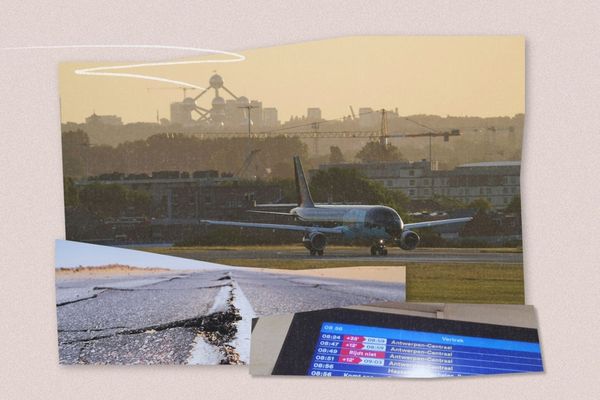 Collage of a plane taxiing, cracked road surface, and a digital departure board with Antwerp train schedule. City skyline visible in the background.