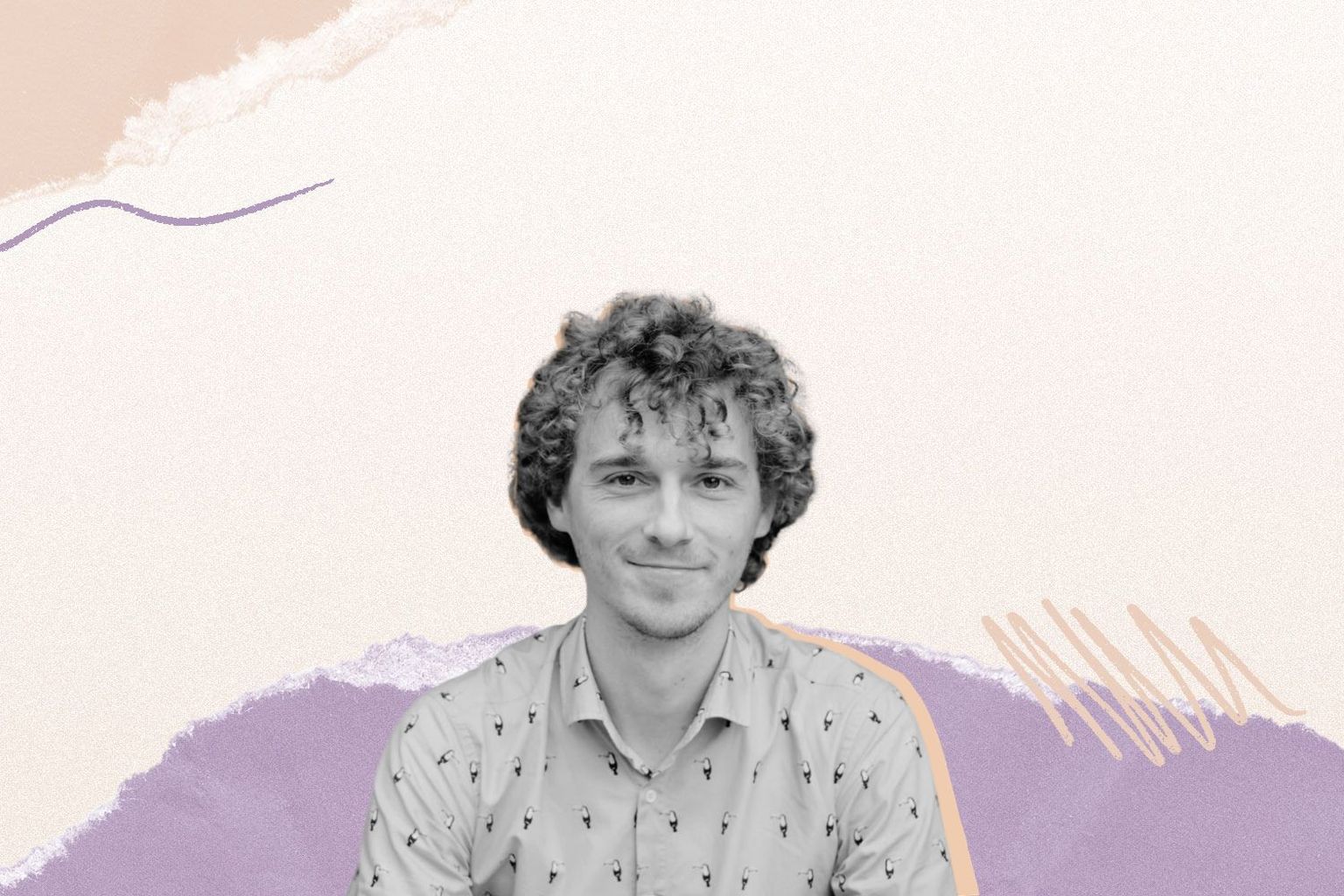 A person with curly hair, smiling, set against an abstract pastel background with wavy lines and torn paper textures.