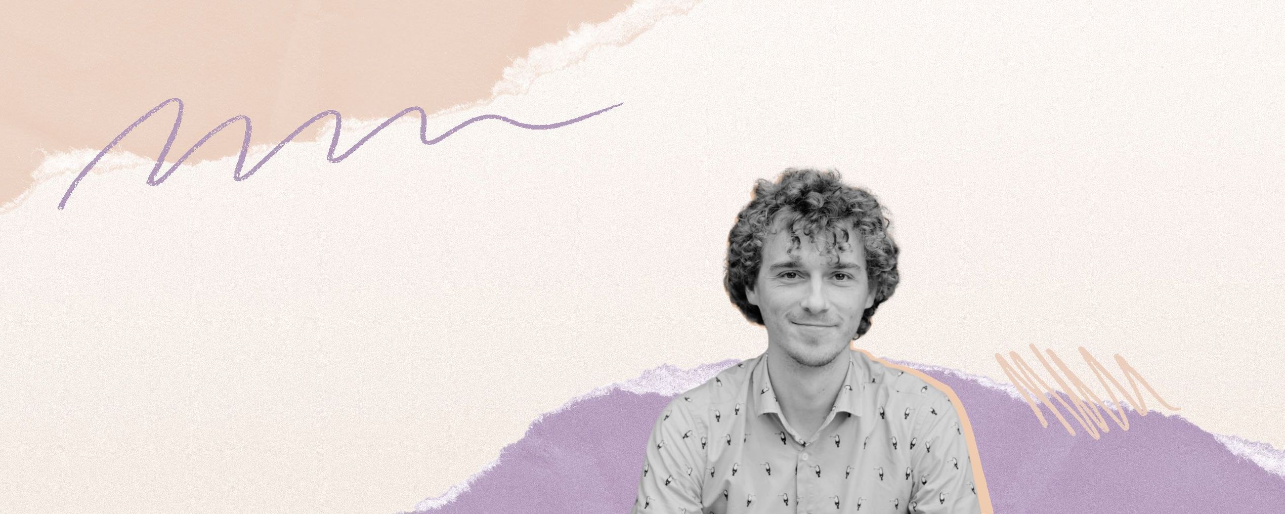 A person with curly hair, smiling, set against an abstract pastel background with wavy lines and torn paper textures.
