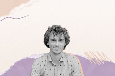A person with curly hair, smiling, set against an abstract pastel background with wavy lines and torn paper textures.