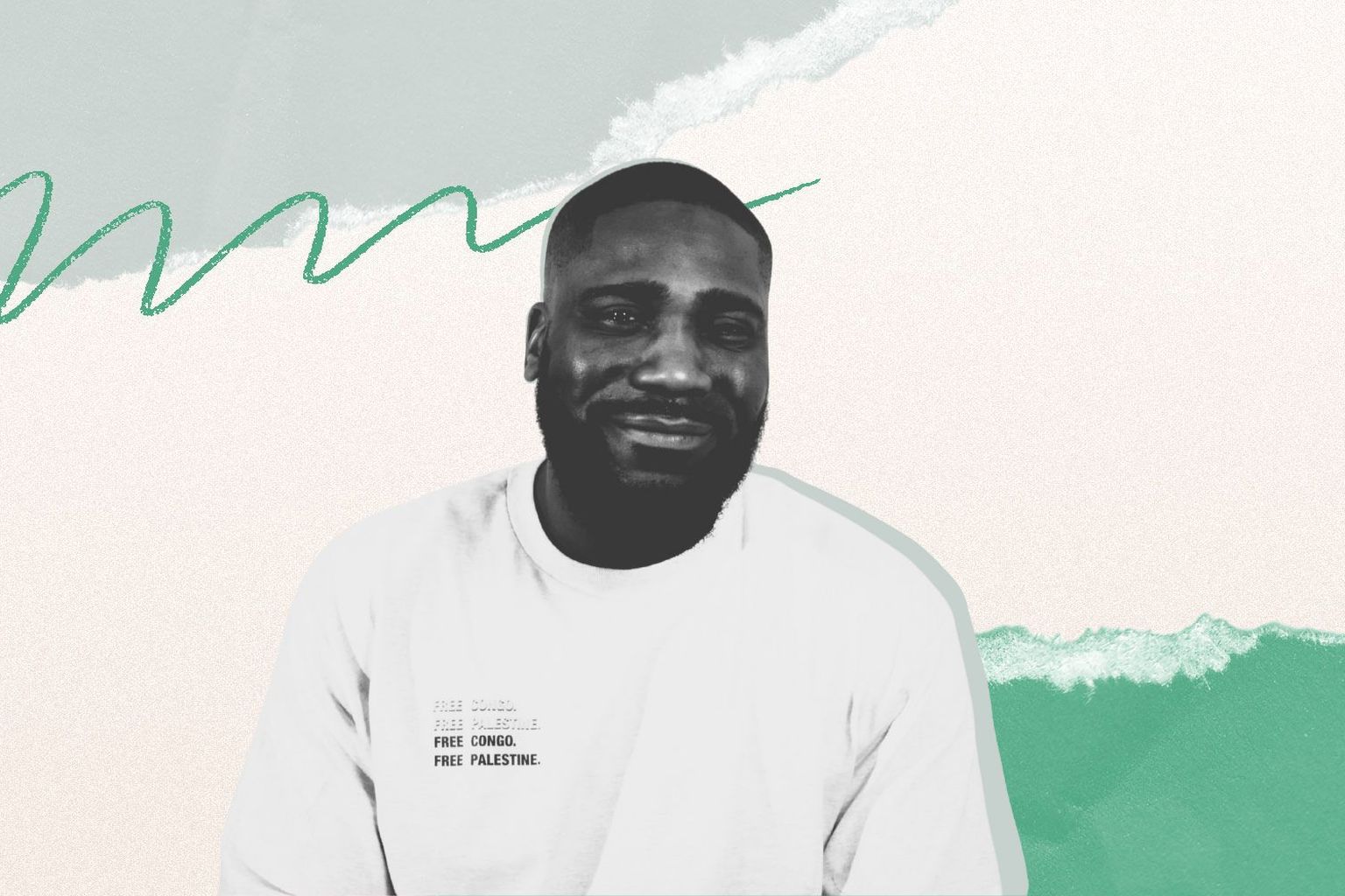 Smiling bearded man in a white T-shirt reading "FREE CONGO. FREE PALESTINE." on a textured pastel torn-paper background.