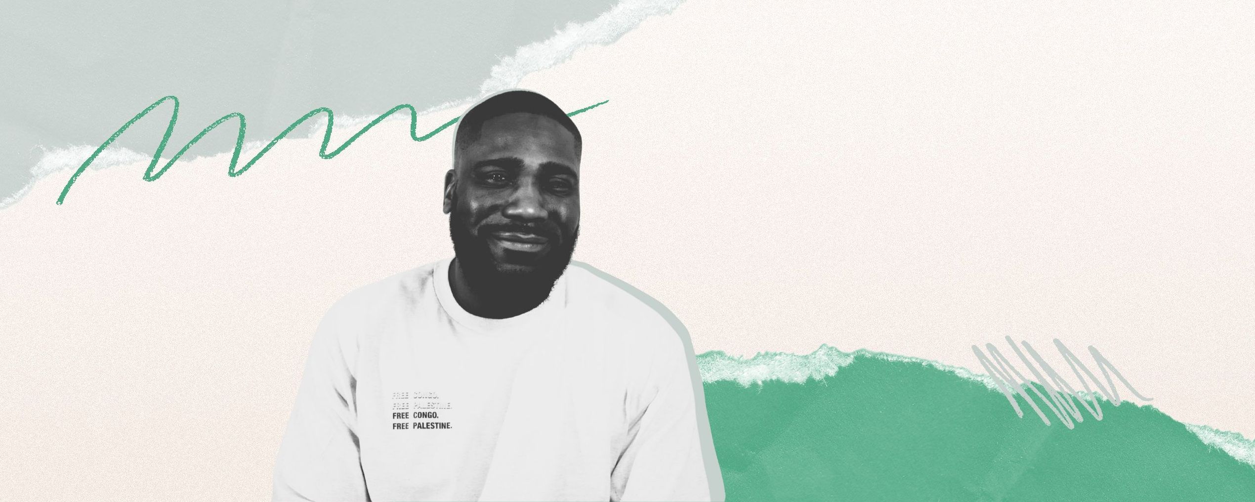 Smiling bearded man in a white T-shirt reading "FREE CONGO. FREE PALESTINE." on a textured pastel torn-paper background.