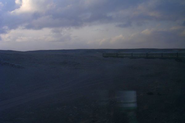 een trein rijdt door een schemerig landschap