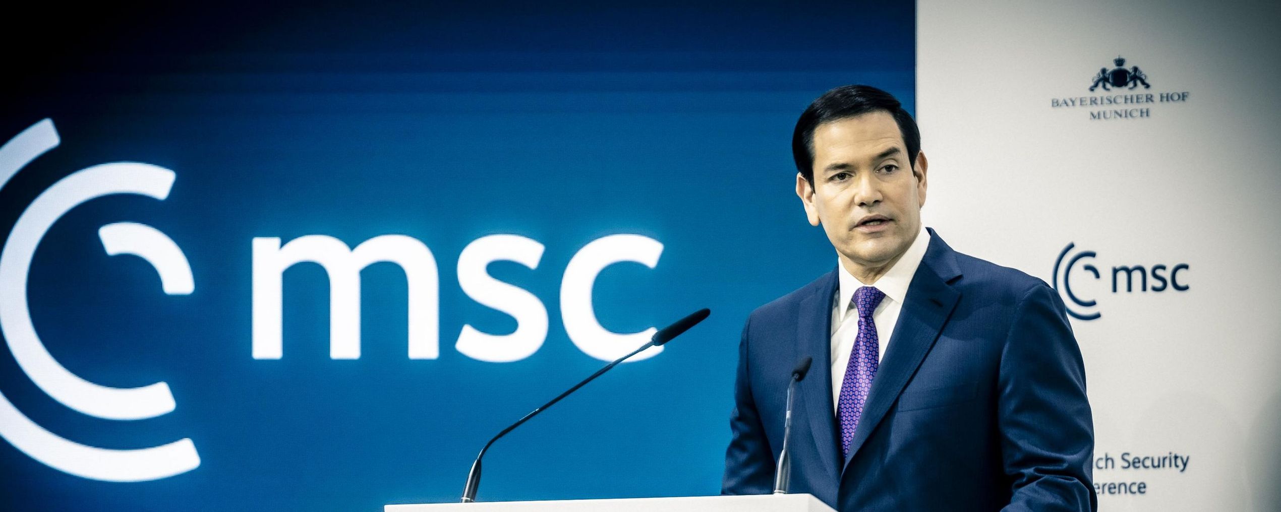 De Amerikaanse buitenlandminister Marco Rubio geeft speech op de Munich Security Conference 2026