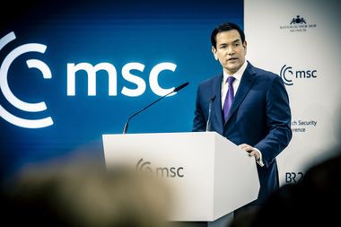 De Amerikaanse buitenlandminister Marco Rubio geeft speech op de Munich Security Conference 2026