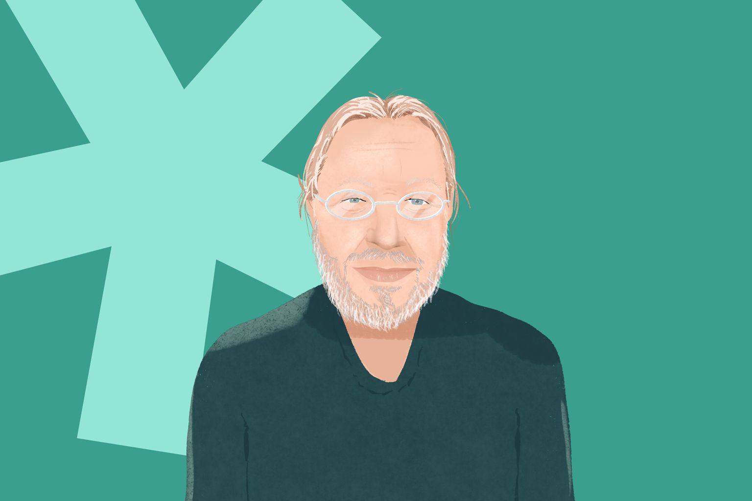 Illustrated portrait of a bearded man with glasses on a teal background with a large asterisk design.