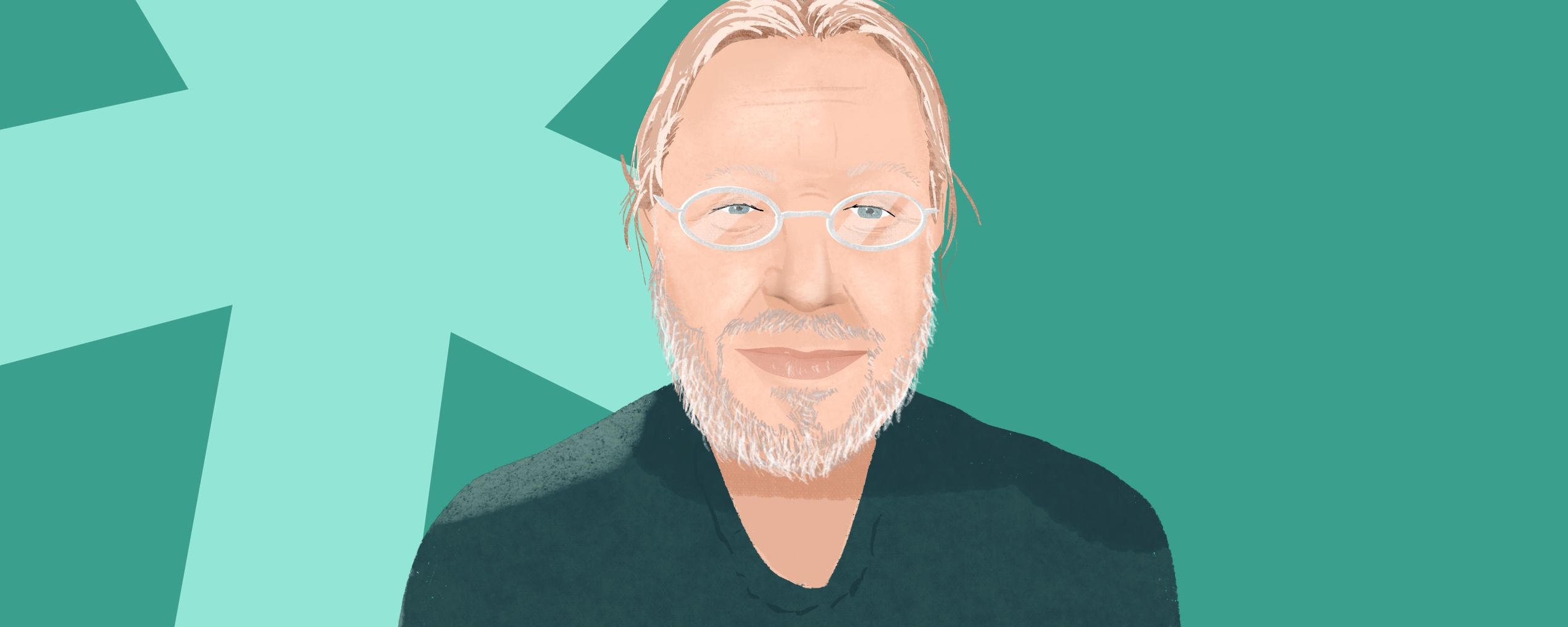 Illustrated portrait of a bearded man with glasses on a teal background with a large asterisk design.