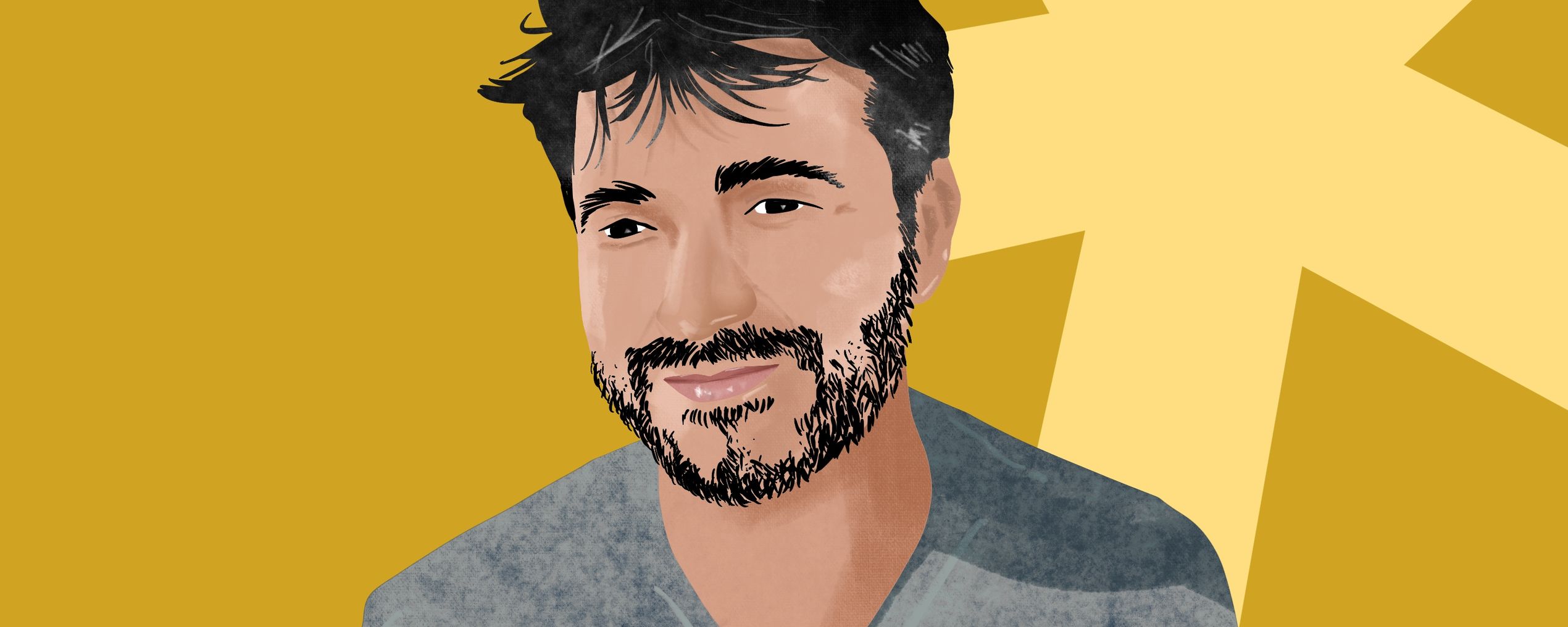 Illustration of a man with dark hair and a beard, smiling, on a yellow background with a large light yellow star shape.