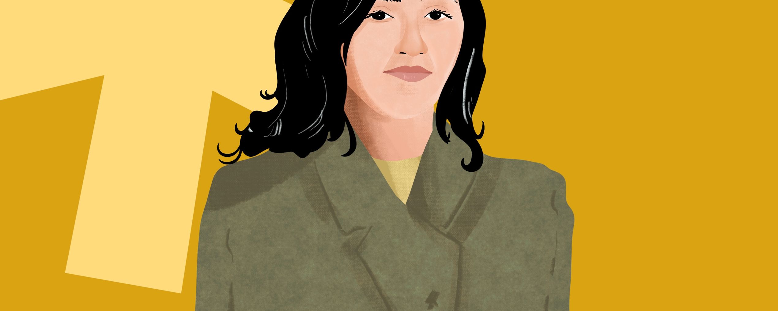 Illustrated portrait of a person with dark hair in a green coat on a yellow background, featuring a large, light yellow geometric shape.