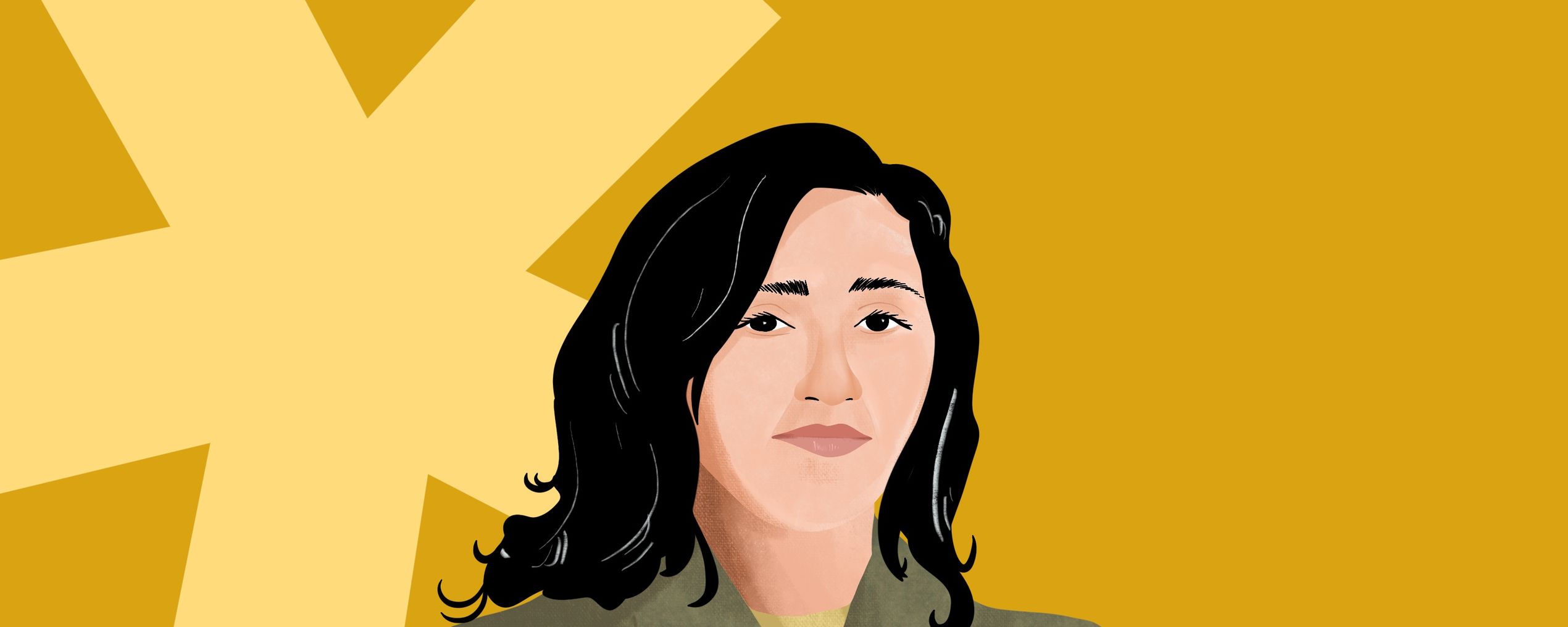 Illustrated portrait of a person with dark hair in a green coat on a yellow background, featuring a large, light yellow geometric shape.