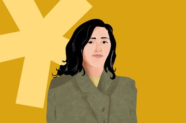 Illustrated portrait of a person with dark hair in a green coat on a yellow background, featuring a large, light yellow geometric shape.