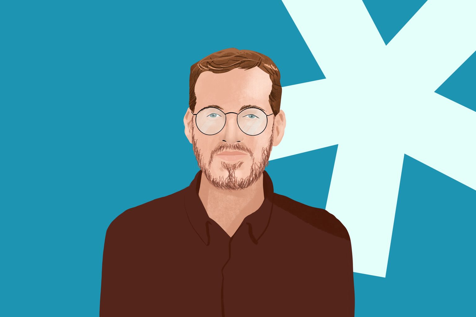 Illustrated portrait of a man with glasses and a beard, wearing a dark shirt against a teal background with white geometric shapes.
