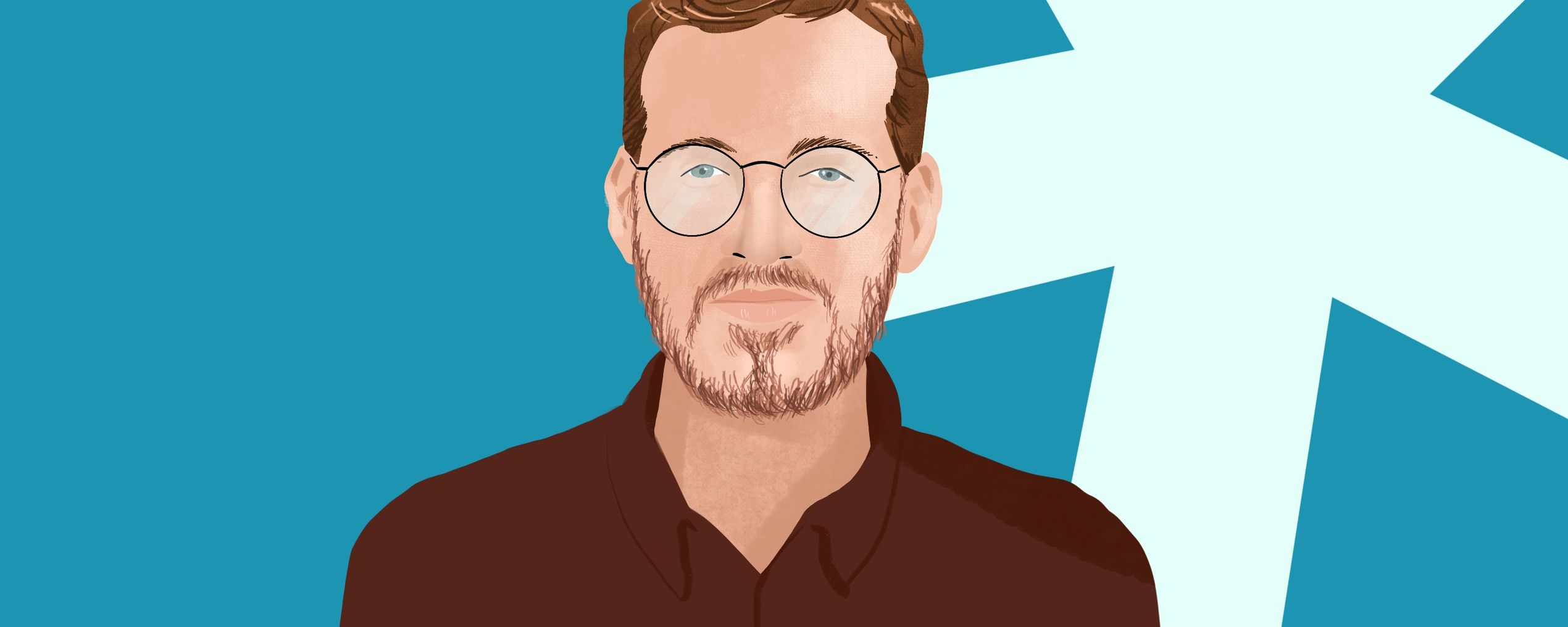 Illustrated portrait of a man with glasses and a beard, wearing a dark shirt against a teal background with white geometric shapes.