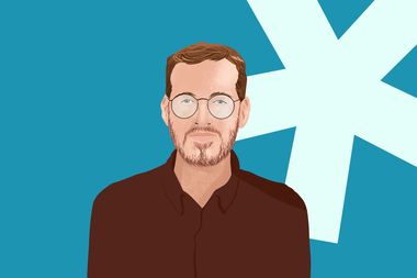 Illustrated portrait of a man with glasses and a beard, wearing a dark shirt against a teal background with white geometric shapes.