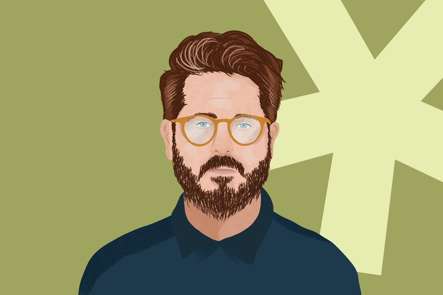 Illustration of a bearded man with glasses on a green background, featuring a large light yellow asterisk shape.