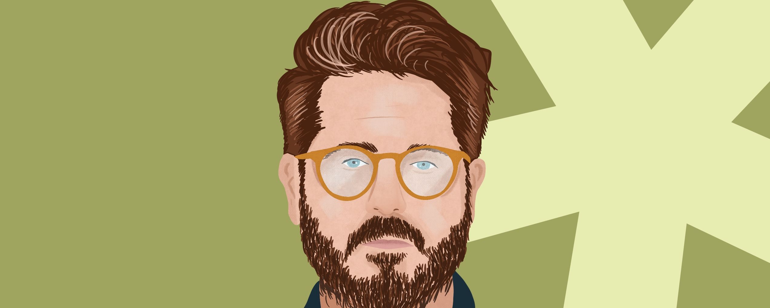 Illustration of a bearded man with glasses on a green background, featuring a large light yellow asterisk shape.