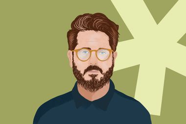 Illustration of a bearded man with glasses on a green background, featuring a large light yellow asterisk shape.