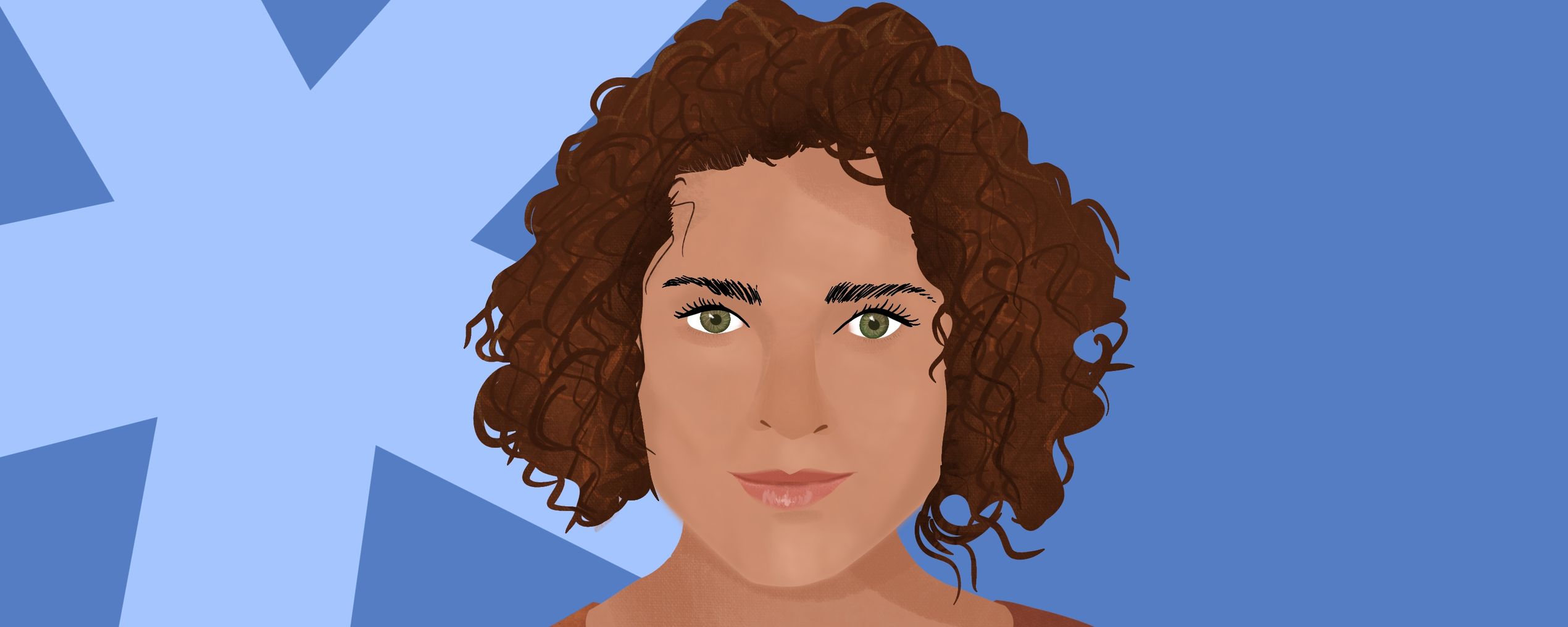 Illustration of a person with curly brown hair, wearing a brown shirt, on a blue background with a star shape.