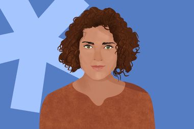Illustration of a person with curly brown hair, wearing a brown shirt, on a blue background with a star shape.