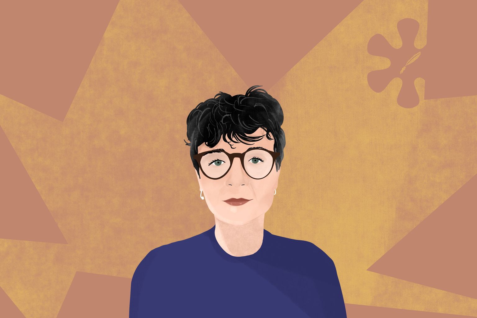 Illustrated portrait of a person with short dark hair and glasses, wearing a blue shirt against a geometric brown background.