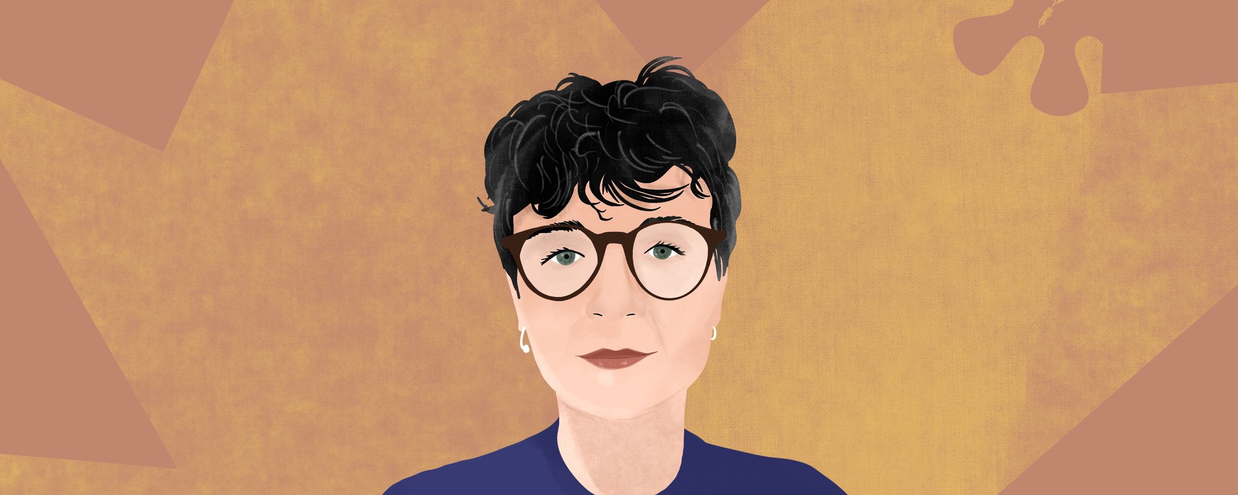 Illustrated portrait of a person with short dark hair and glasses, wearing a blue shirt against a geometric brown background.