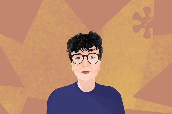 Illustrated portrait of a person with short dark hair and glasses, wearing a blue shirt against a geometric brown background.
