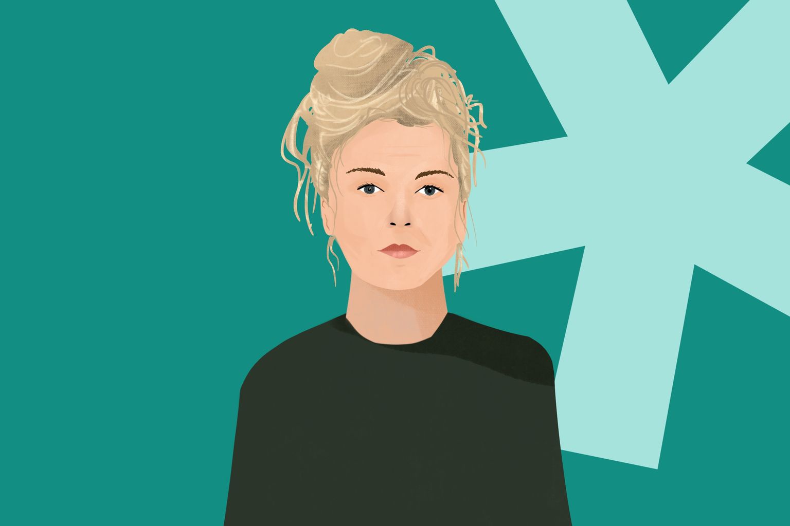 Illustrated portrait of a person with blonde hair in a bun against a teal background with a light blue geometric star shape.