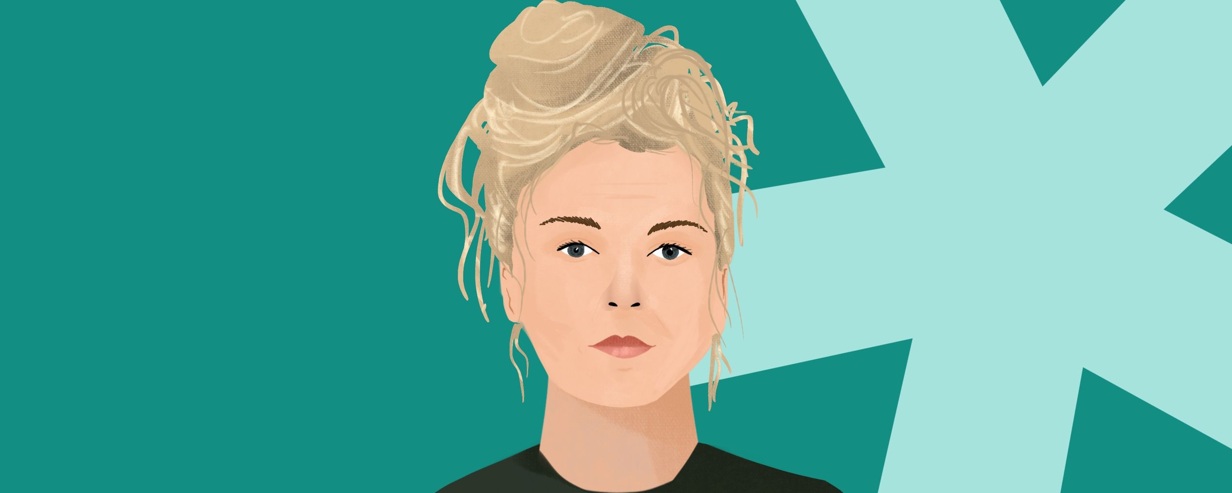 Illustrated portrait of a person with blonde hair in a bun against a teal background with a light blue geometric star shape.