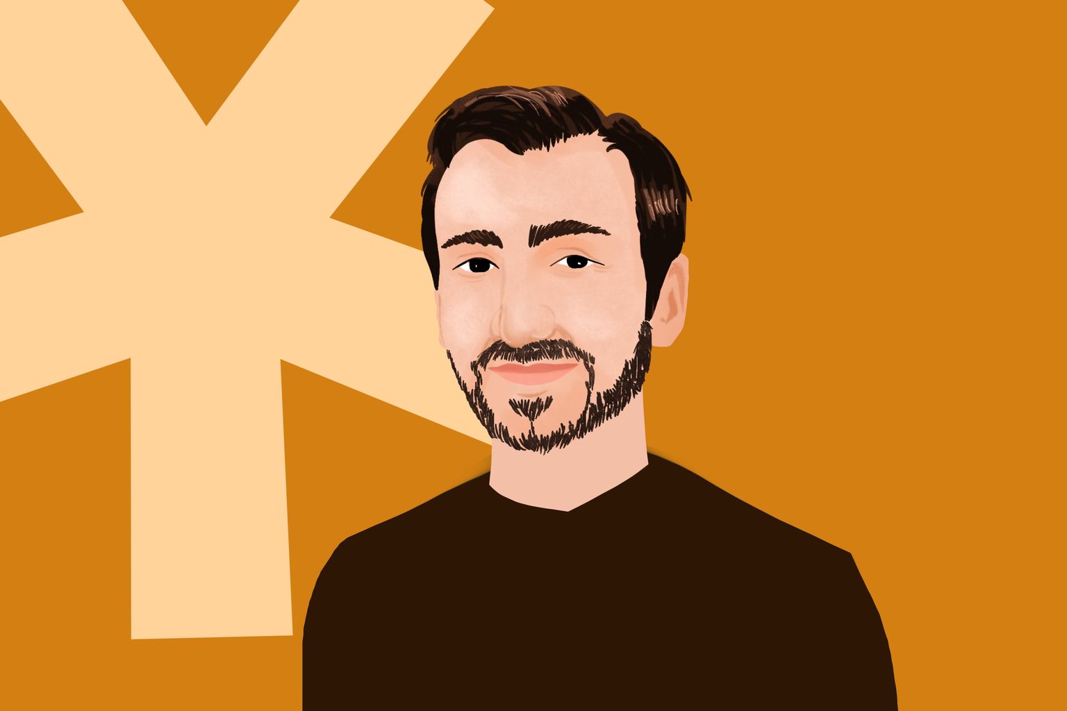 Illustration of a man with dark hair and a beard, wearing a black shirt, on an orange background with a cream-colored star shape.
