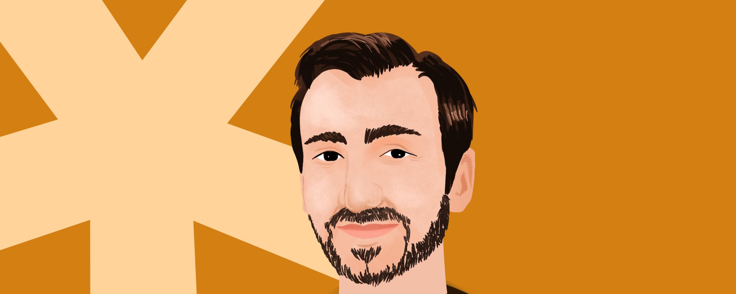 Illustration of a man with dark hair and a beard, wearing a black shirt, on an orange background with a cream-colored star shape.