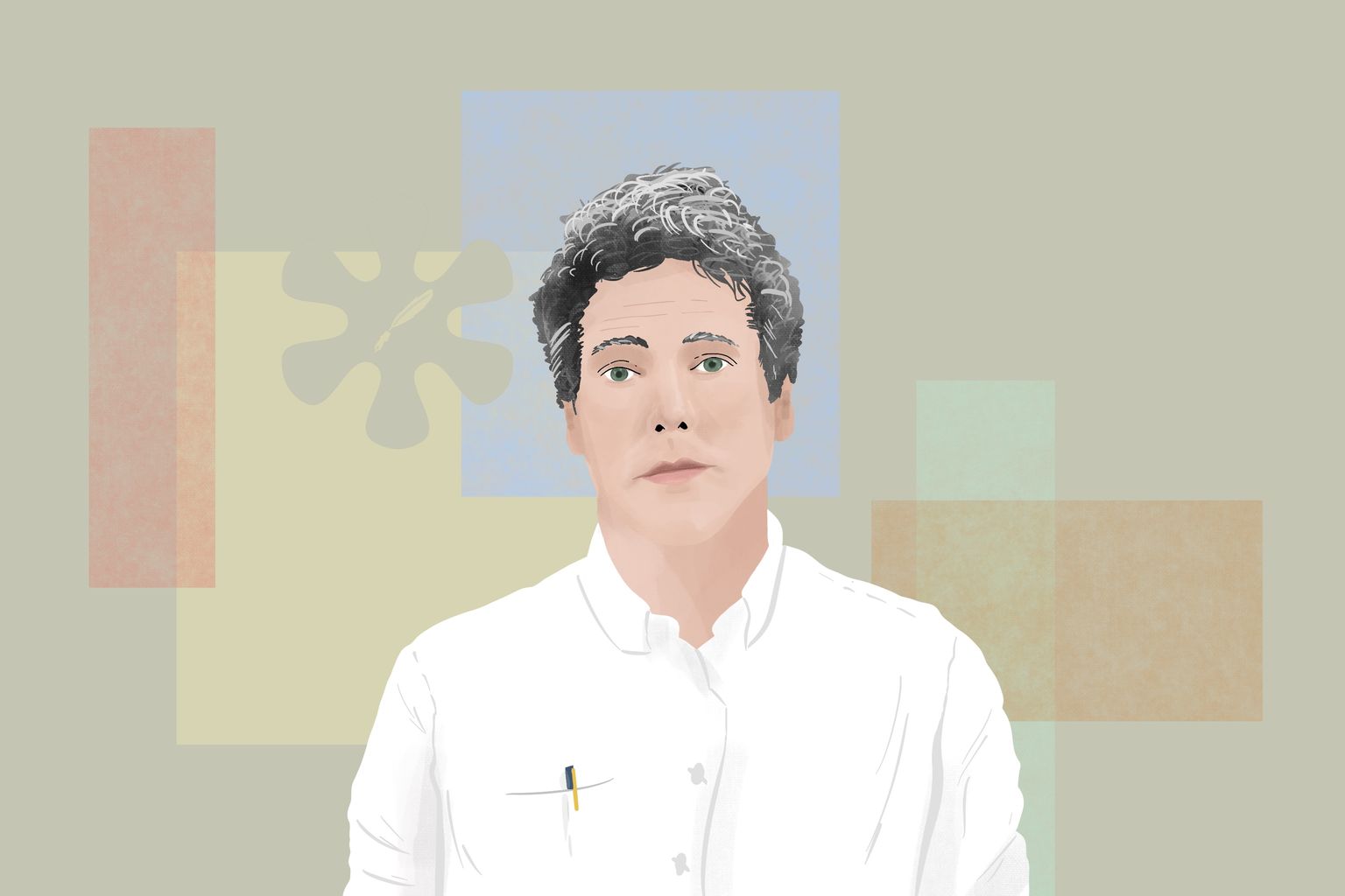 Illustration of a person with curly hair in a white shirt, set against an abstract geometric background with muted colors.