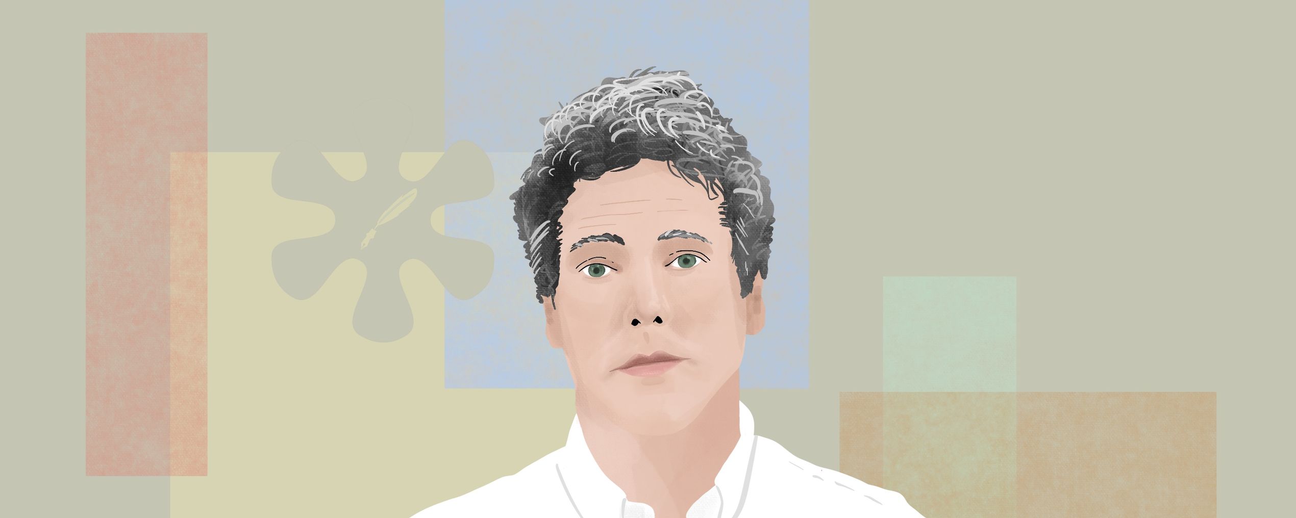 Illustration of a person with curly hair in a white shirt, set against an abstract geometric background with muted colors.
