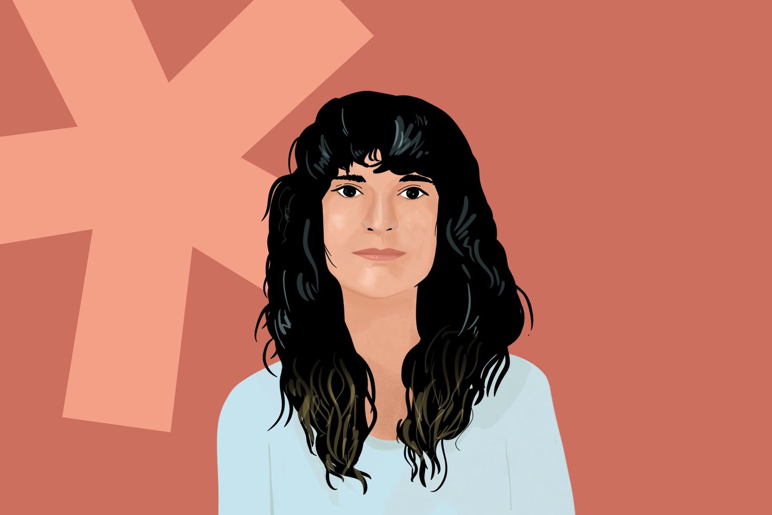 Illustration of a woman with long dark hair in a light blue top, against a peach background with a large asterisk shape.