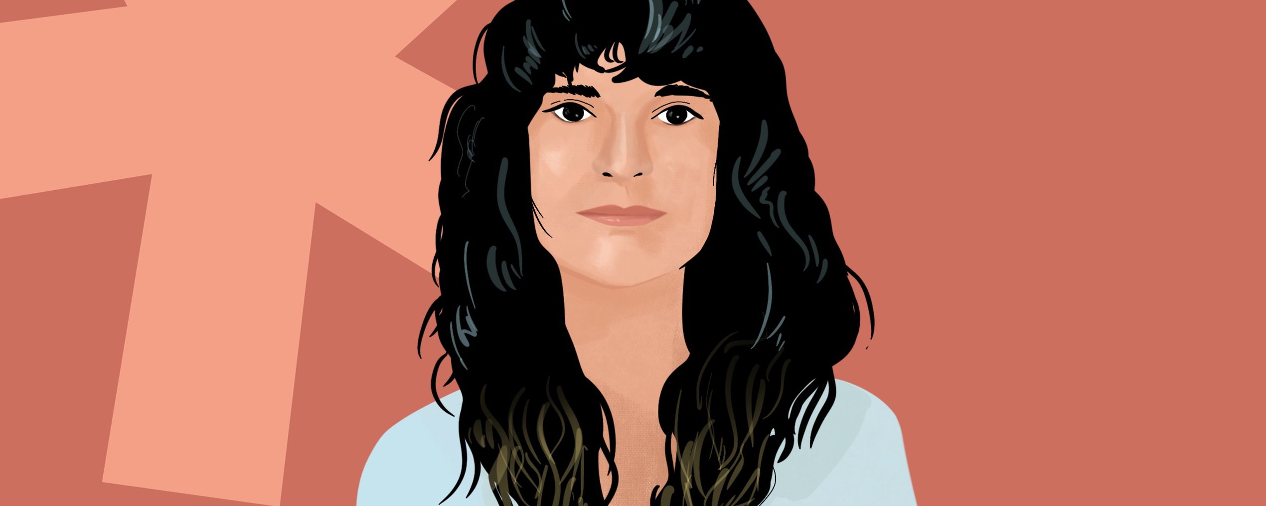 Illustration of a woman with long dark hair in a light blue top, against a peach background with a large asterisk shape.
