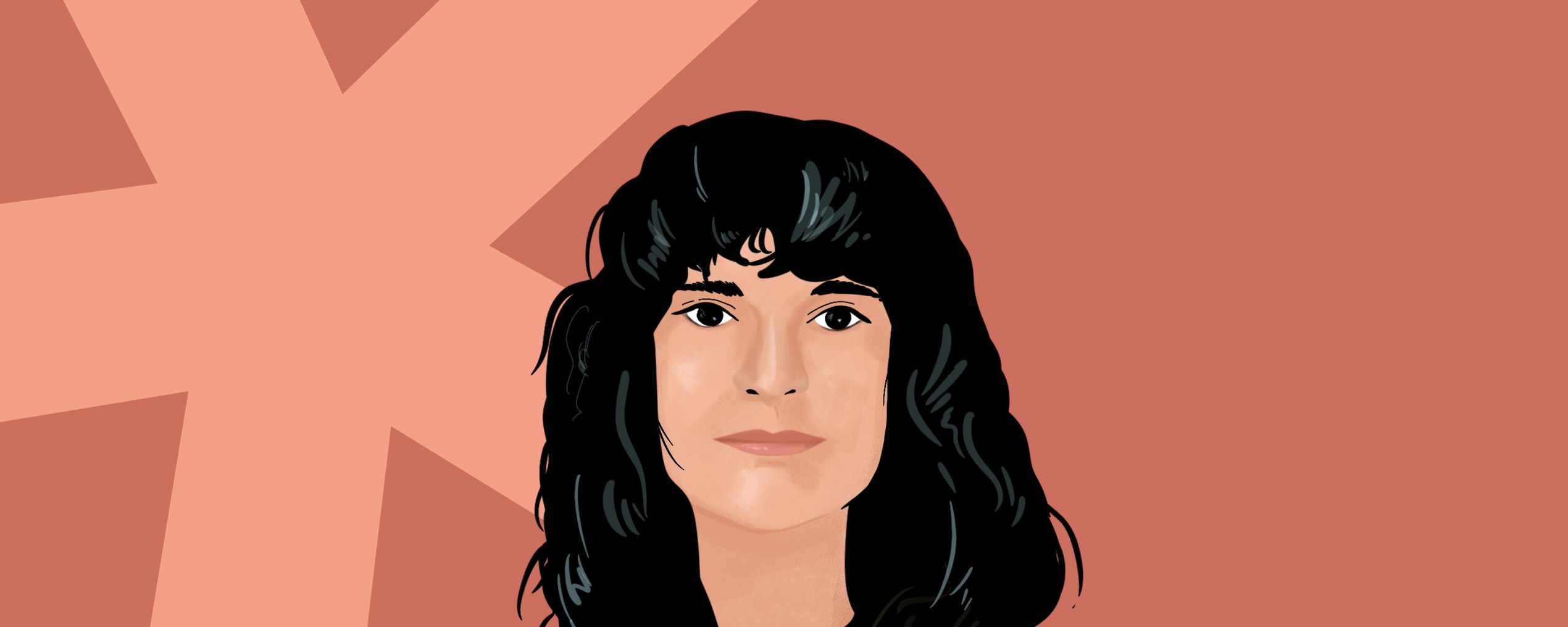 Illustration of a woman with long dark hair in a light blue top, against a peach background with a large asterisk shape.