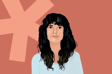 Illustration of a woman with long dark hair in a light blue top, against a peach background with a large asterisk shape.
