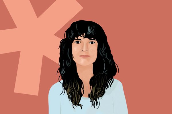 Illustration of a woman with long dark hair in a light blue top, against a peach background with a large asterisk shape.