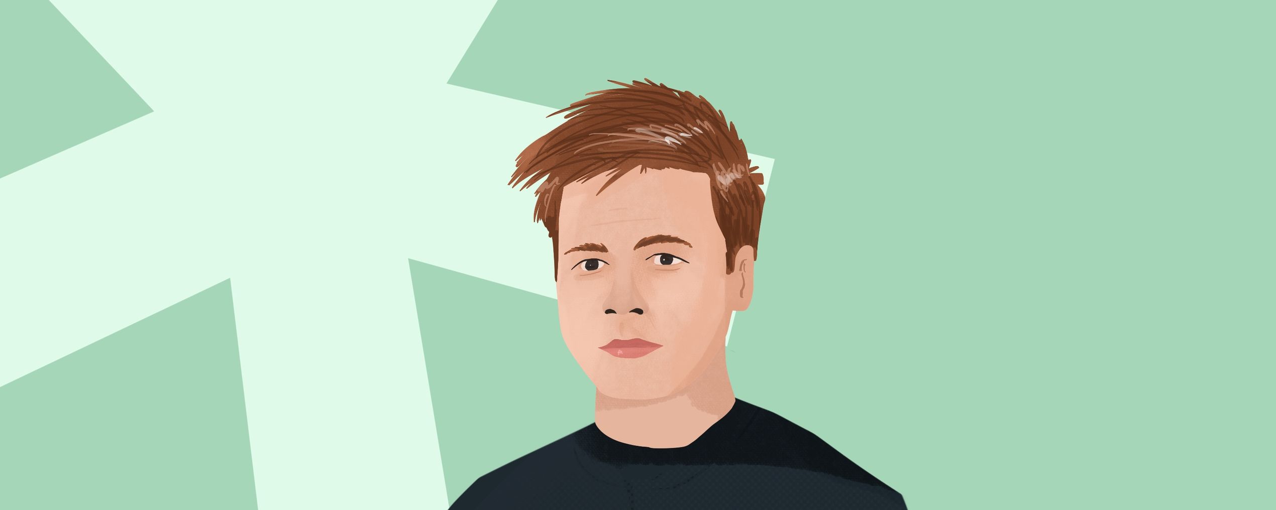 Illustration of a person with short brown hair wearing a dark shirt on a green background with an asterisk design.