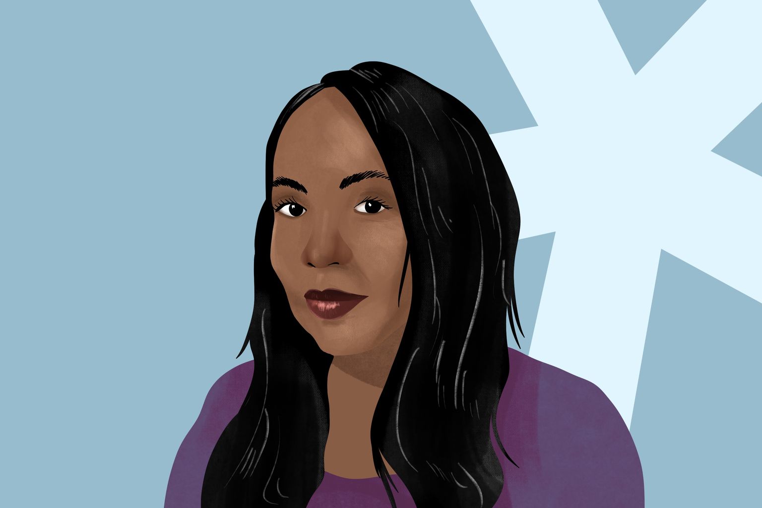 Illustration of a woman with long black hair wearing a purple top, set against a light blue background with a large white X shape.