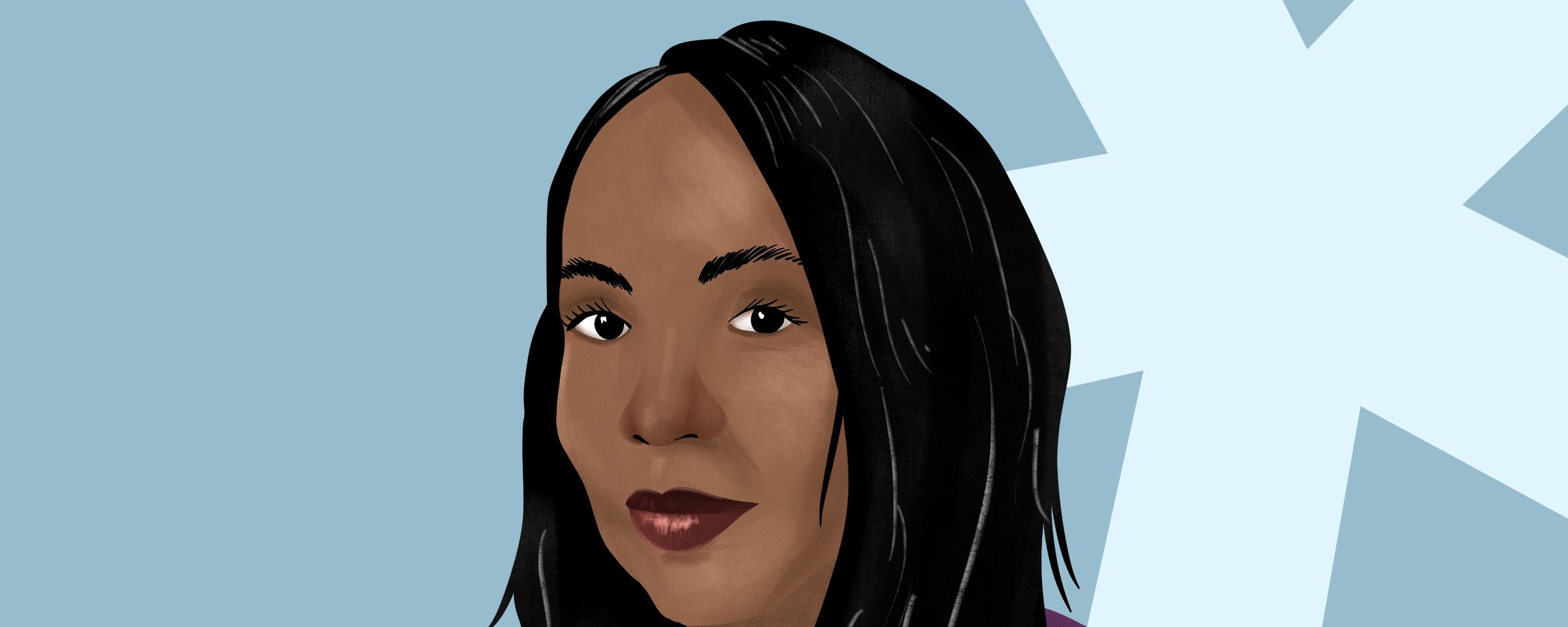 Illustration of a woman with long black hair wearing a purple top, set against a light blue background with a large white X shape.