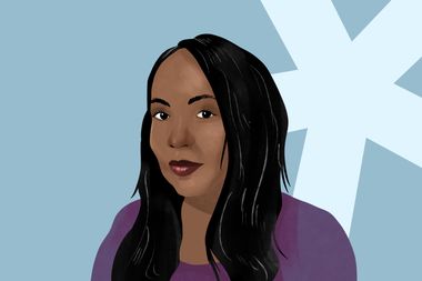 Illustration of a woman with long black hair wearing a purple top, set against a light blue background with a large white X shape.