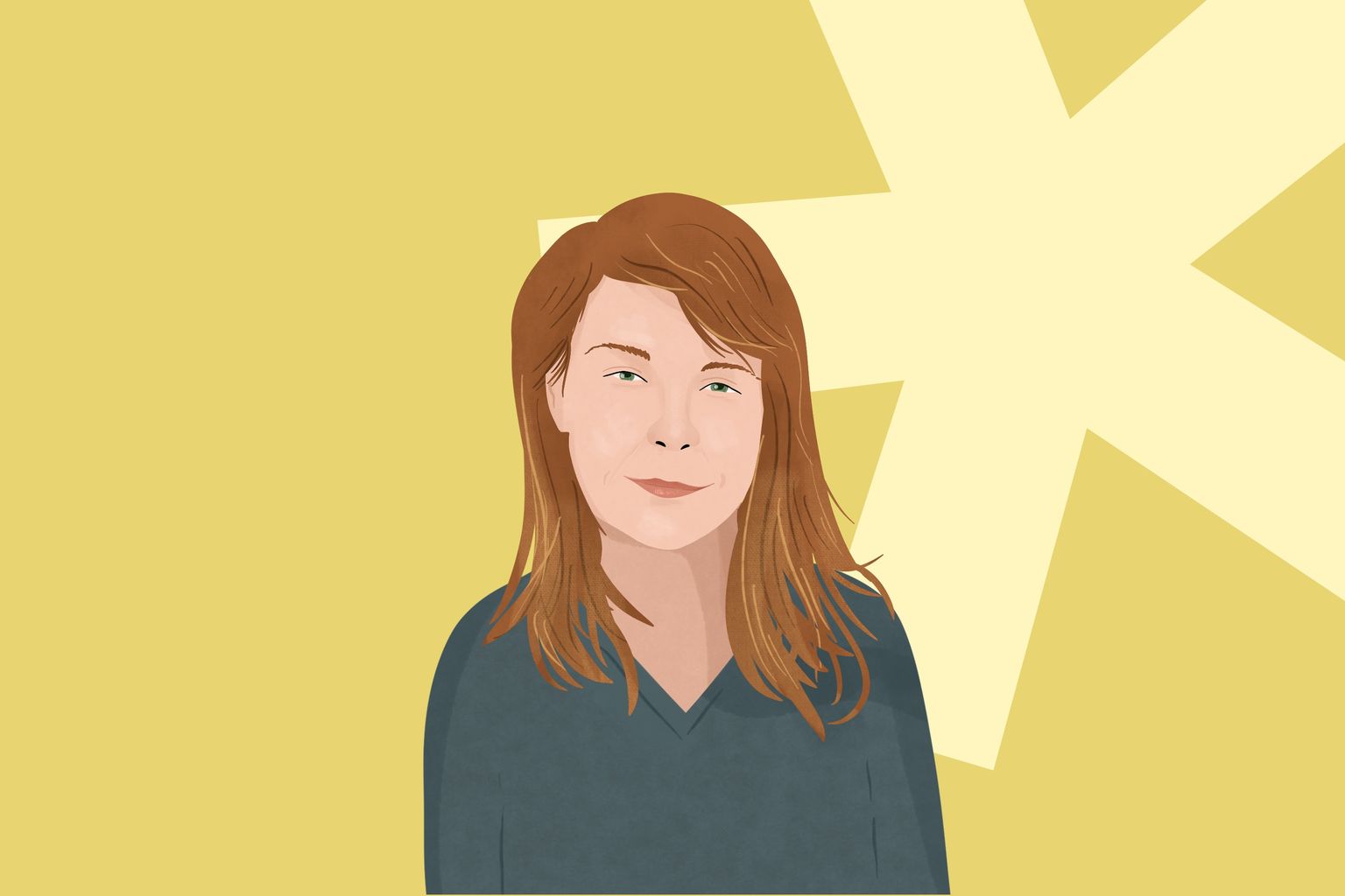 Illustrated portrait of a person with long brown hair and a blue top against a yellow background with a light yellow star.