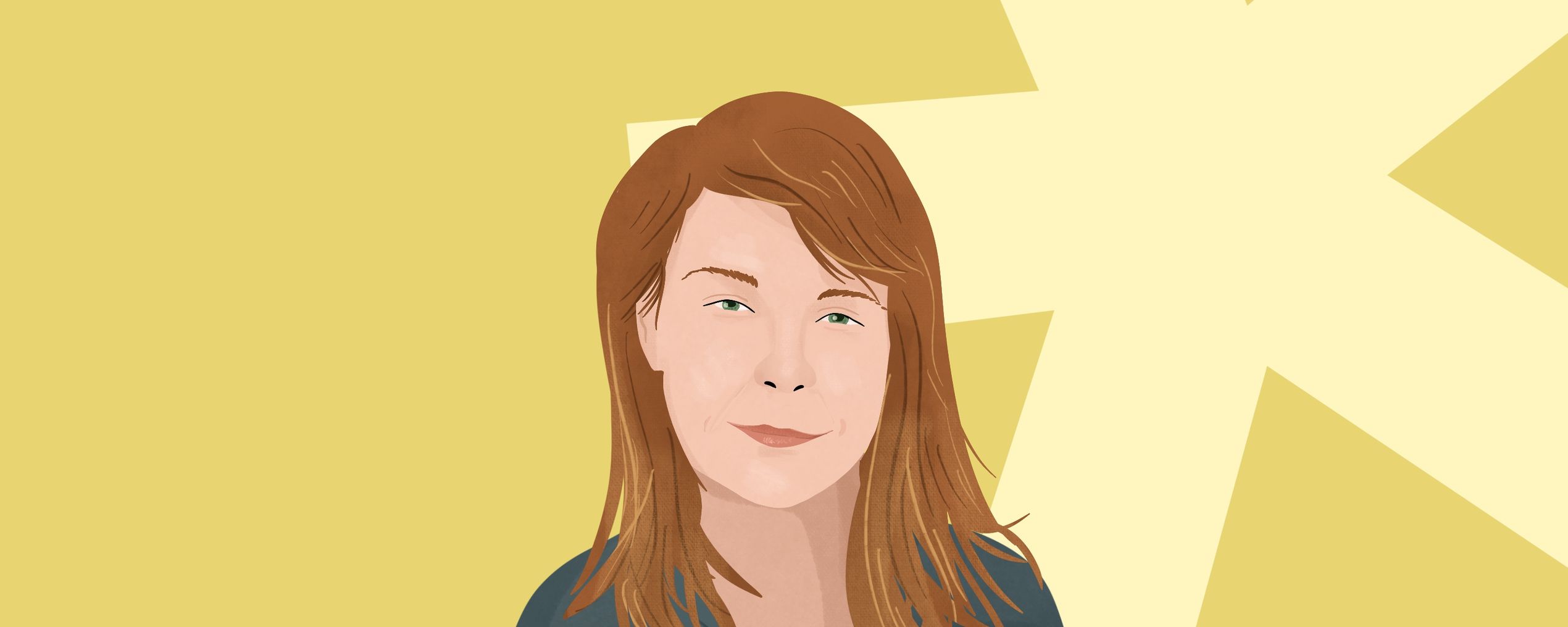 Illustrated portrait of a person with long brown hair and a blue top against a yellow background with a light yellow star.