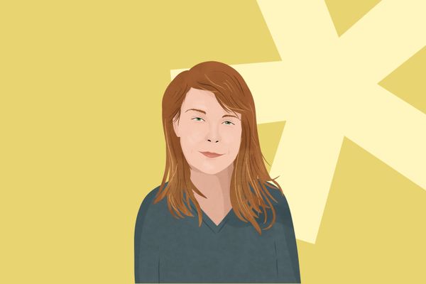 Illustrated portrait of a person with long brown hair and a blue top against a yellow background with a light yellow star.