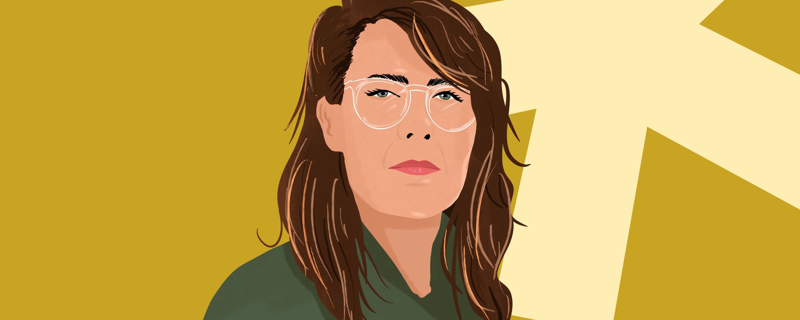 Illustration of a person with long hair and glasses on a mustard yellow background with a large cream asterisk design.