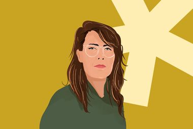 Illustration of a person with long hair and glasses on a mustard yellow background with a large cream asterisk design.