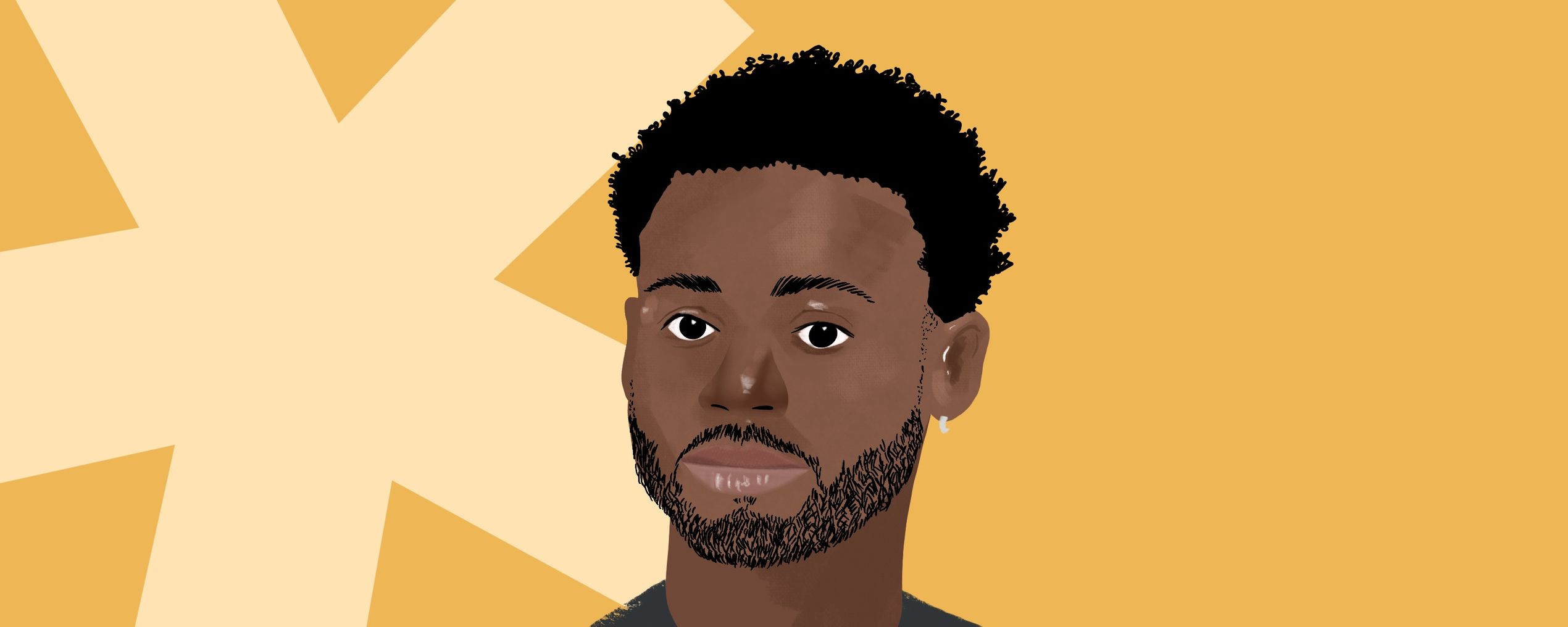 Illustration of a man with short hair and a beard, wearing a dark shirt, on an orange background with a large asterisk shape.