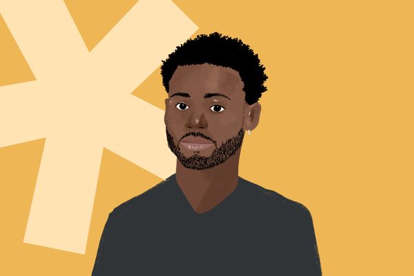 Illustration of a man with short hair and a beard, wearing a dark shirt, on an orange background with a large asterisk shape.